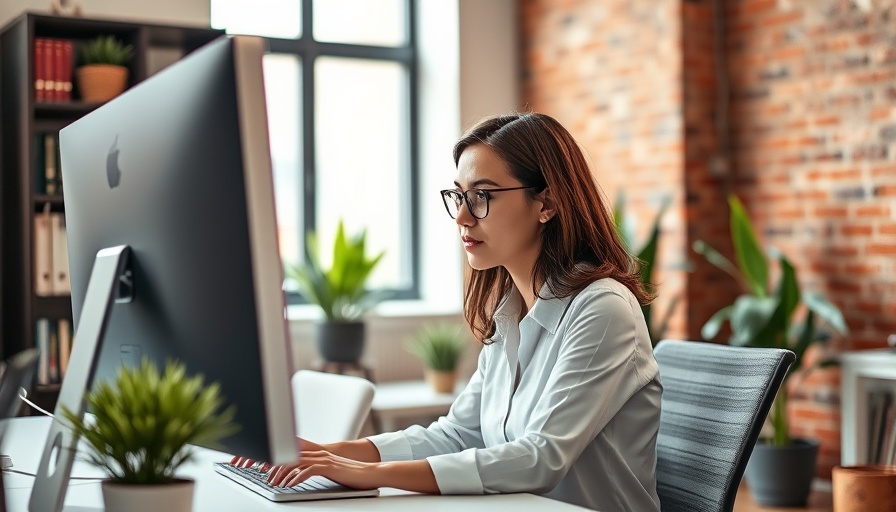 Focused woman using AI interface in social work, modern office setup.