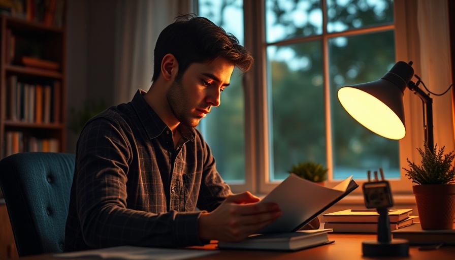 Thoughtful young man reading in a cozy home office.