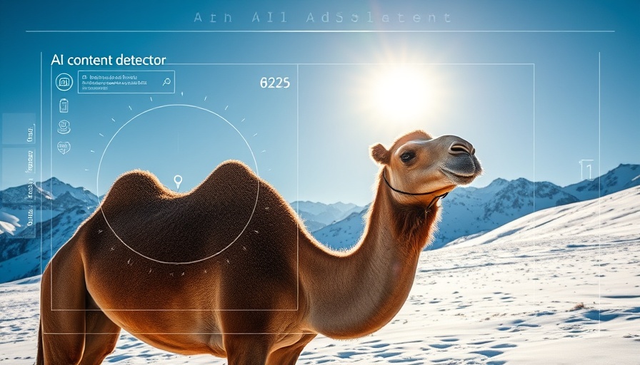 AI content detection interface with camel in snowy scene.