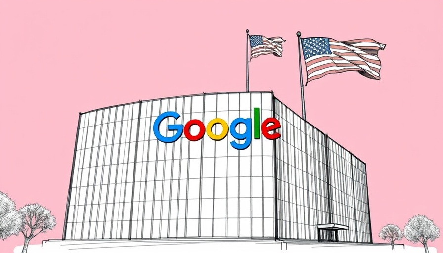 Sketch illustration of Google building with logo and flag, Google SynthID Detector AI content detection.