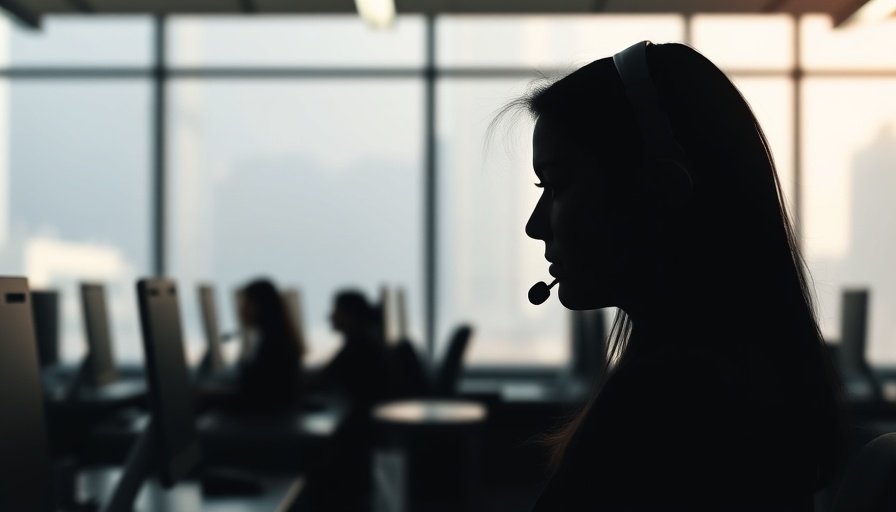Silhouetted worker with headset in office highlights AI's impact on jobs.