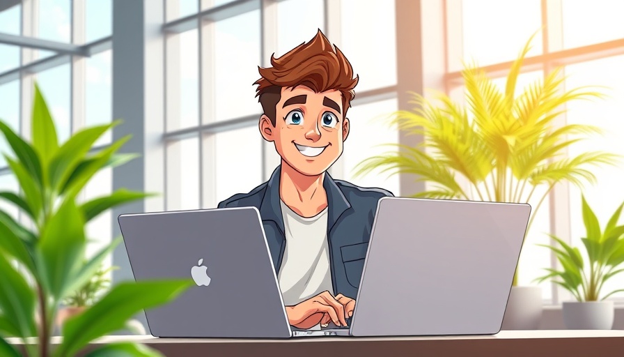 Cartoon young man using laptop in modern office, Bypass AI Detectors.