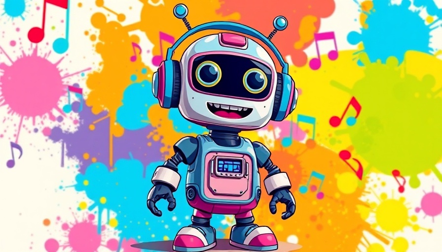 Cheerful retro robot with headphones in vibrant abstract cartoon.