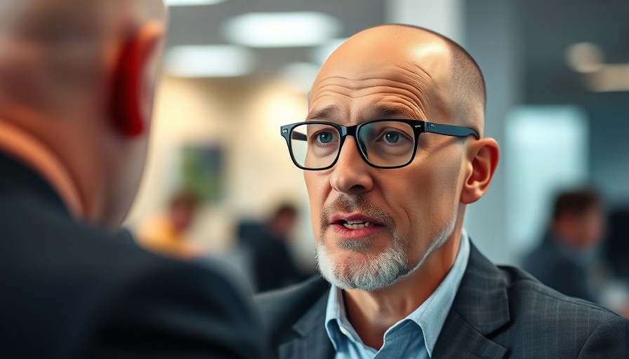 Man with glasses engaging in a thoughtful conversation, office setting