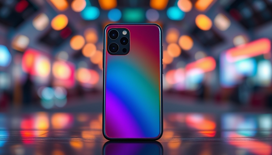 Vibrant smartphone with colorful backdrop, Apple Intelligence Writing Tools.