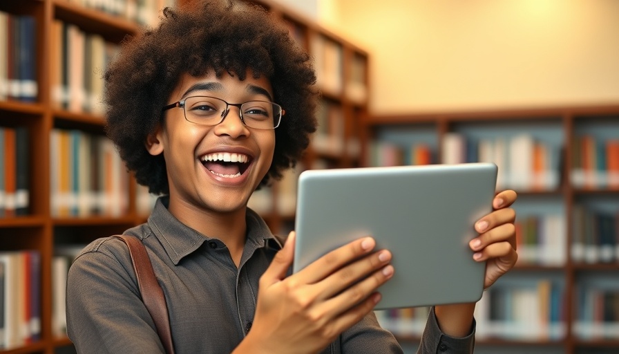 Enthusiastic person showcasing an AI book writing tool in a library.