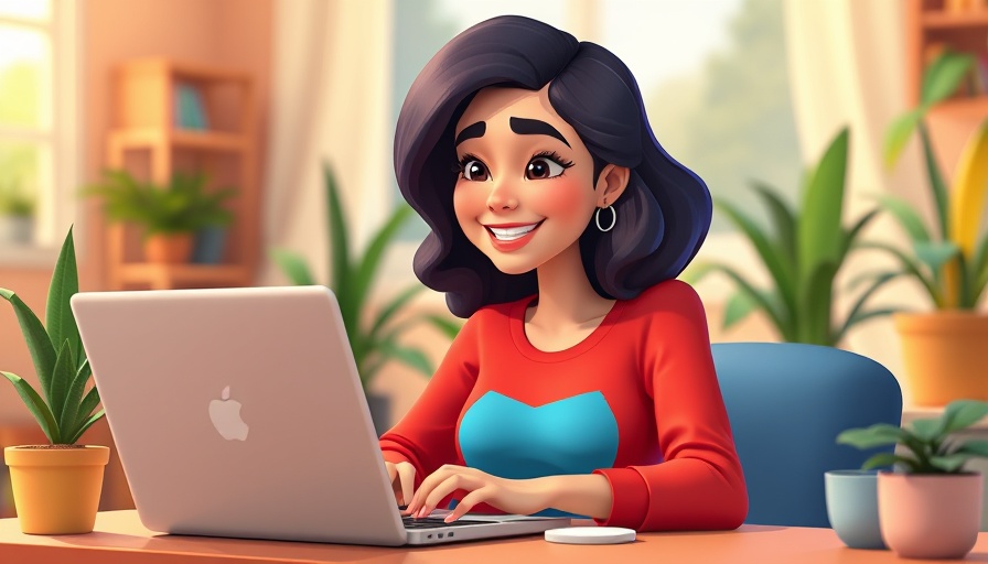 Young woman in colorful hoodie typing on a laptop, cartoon style.