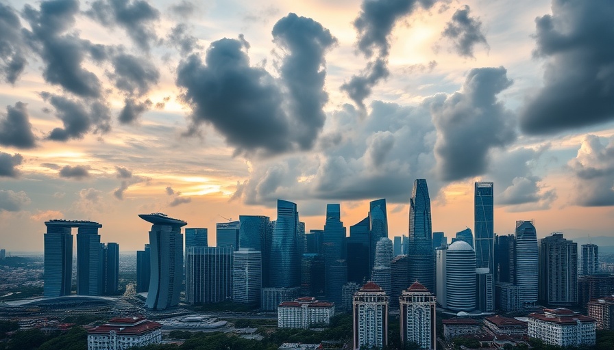 Singapore skyline, potential hub for AI job opportunities, under dramatic sky.