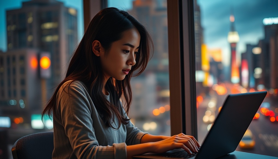 Young woman typing on laptop in neon-lit city, detect AI-generated content.