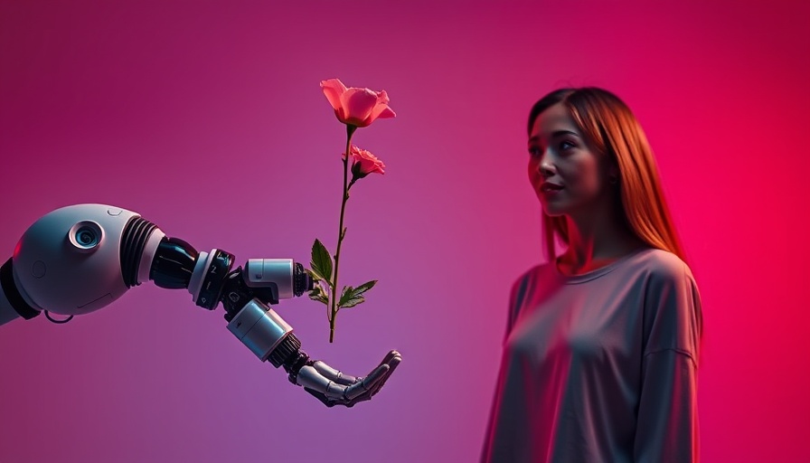AI robotic arm with flower and surprised woman, studio lighting