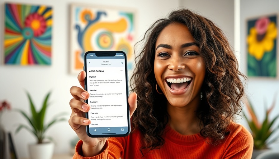 Woman showcasing AI rewriting tools on smartphone, colorful background.