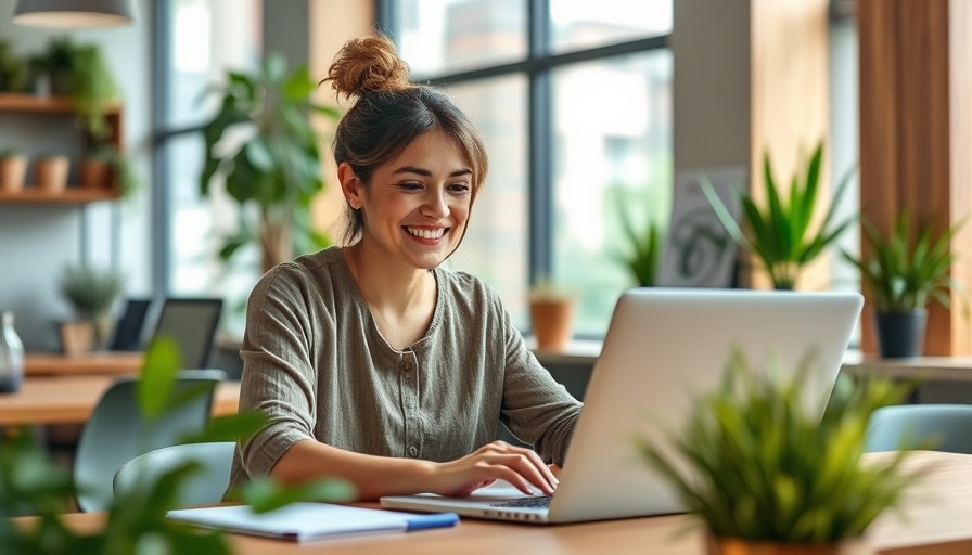 Smiling woman using a laptop in a vibrant modern office, semantic cohesion in AI writing.