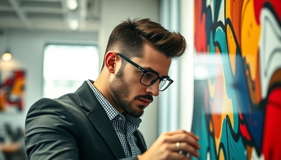 Stylish man analyzing abstract art relating to neural network fingerprinting.
