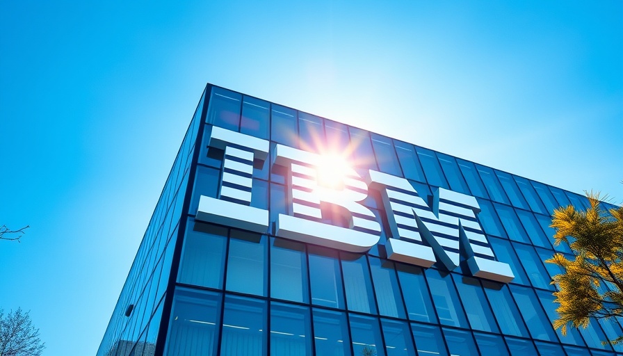 IBM building facade reflecting sunlight, logo visible.