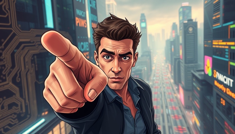 Illustrated man in futuristic setting pointing, AI content watermarking.