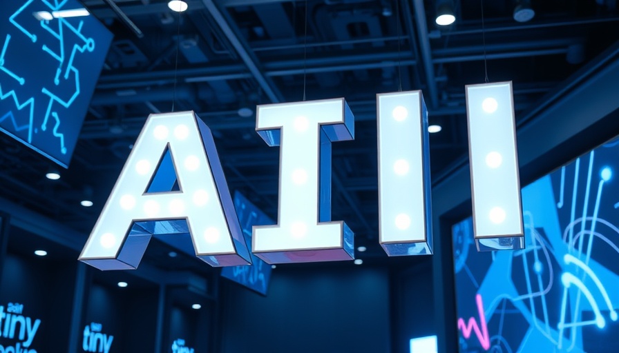 Glowing AI letters in futuristic high-tech exhibition space.
