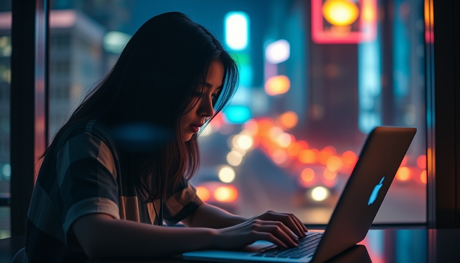 Young woman mastering academic integrity with AI tools in a city at night.