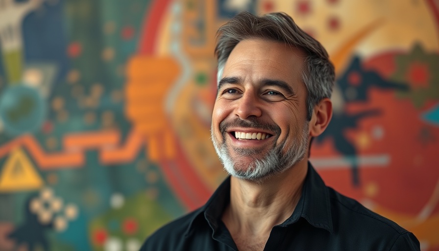 Smiling middle-aged man in black shirt, colorful background, AI Taking Jobs.