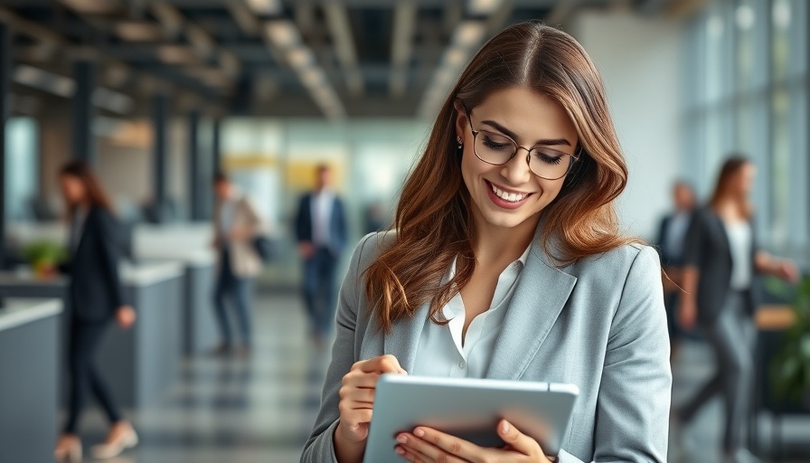Professional woman using tablet in office for AI detection tool.