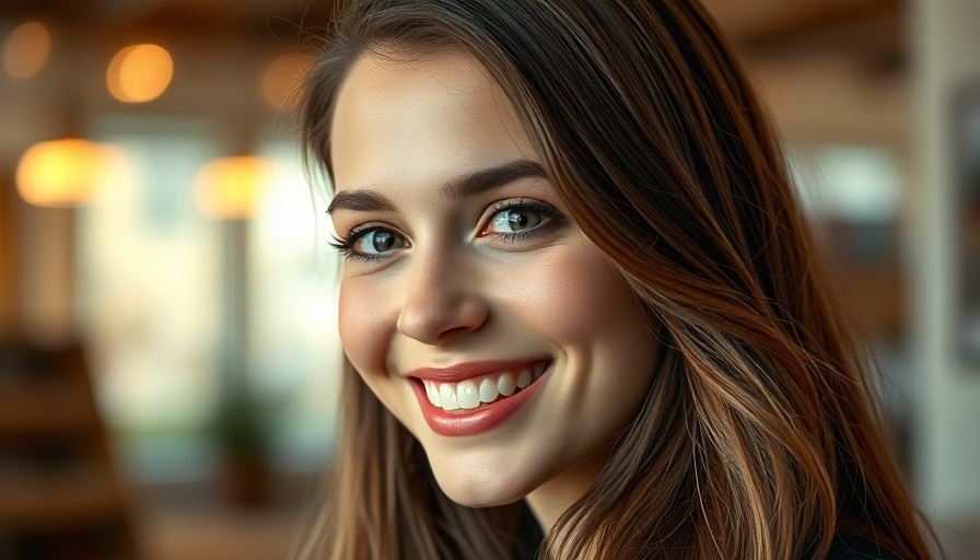 Smiling young woman indoors with soft lighting, vibrant photo.