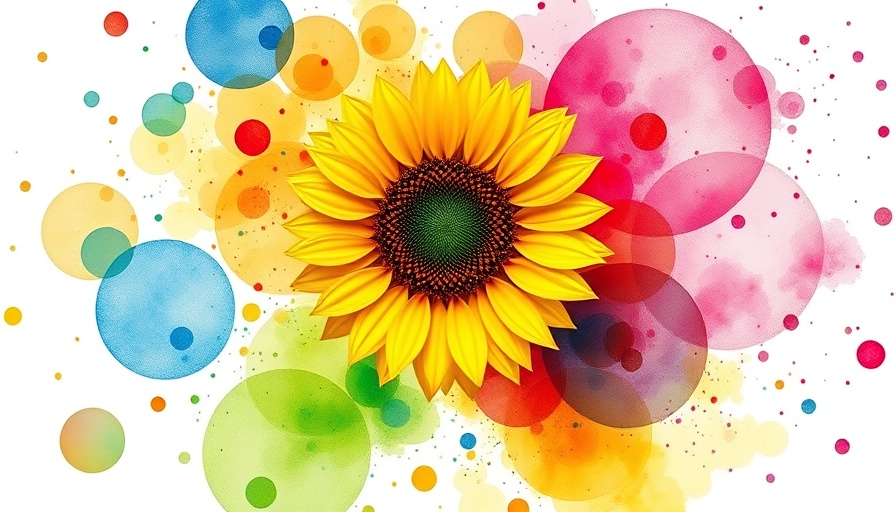 Vibrant watercolor abstract with sunflower in circle, artistic AI text detection in marketing.