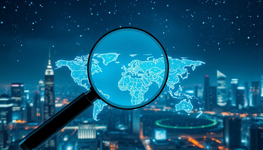 Futuristic digital magnifying glass over cityscape, AI-powered job search