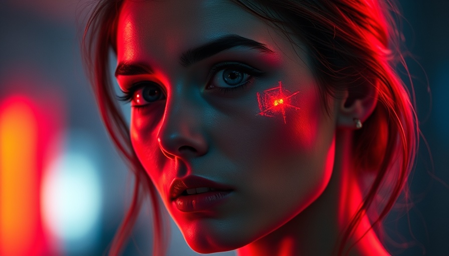 Striking woman with glowing red elements on cheek in cinematic portrait.