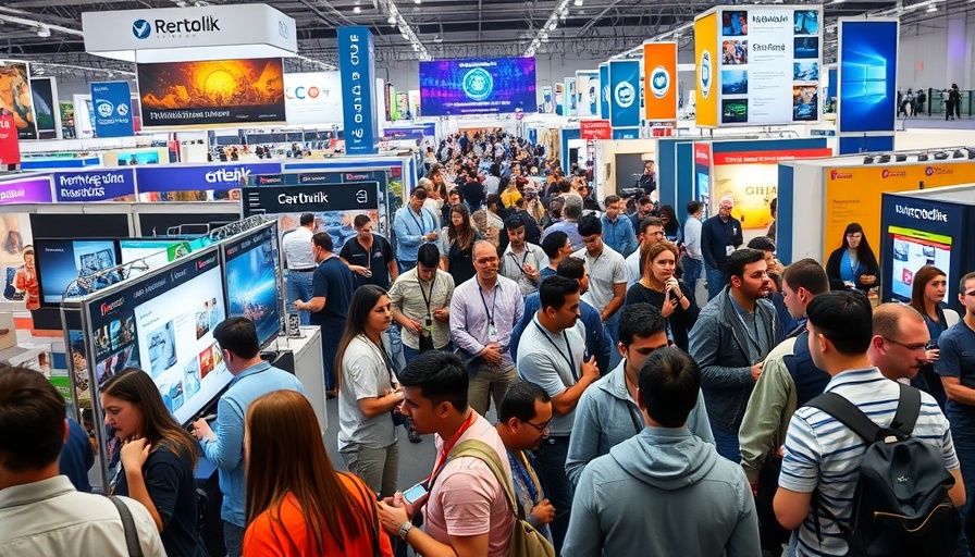 Tech conference with diverse attendees discussing technology exhibits.