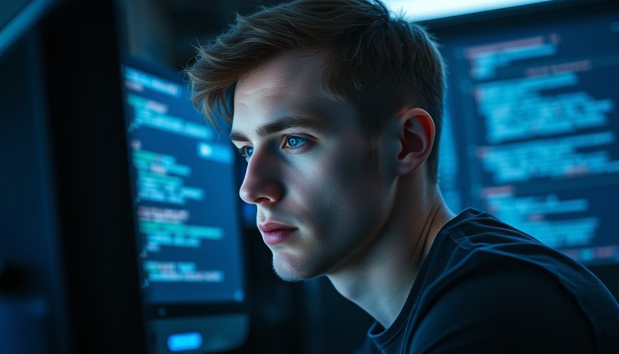 Focused coder in dimly lit office surrounded by screens, AI Text Undetectable.