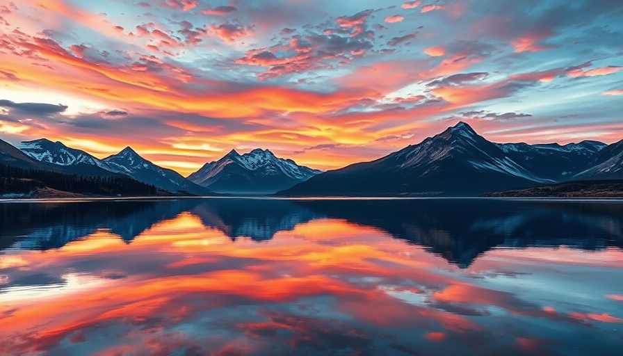 Vivid landscape artwork with mountains and lake reflecting sunset colors.