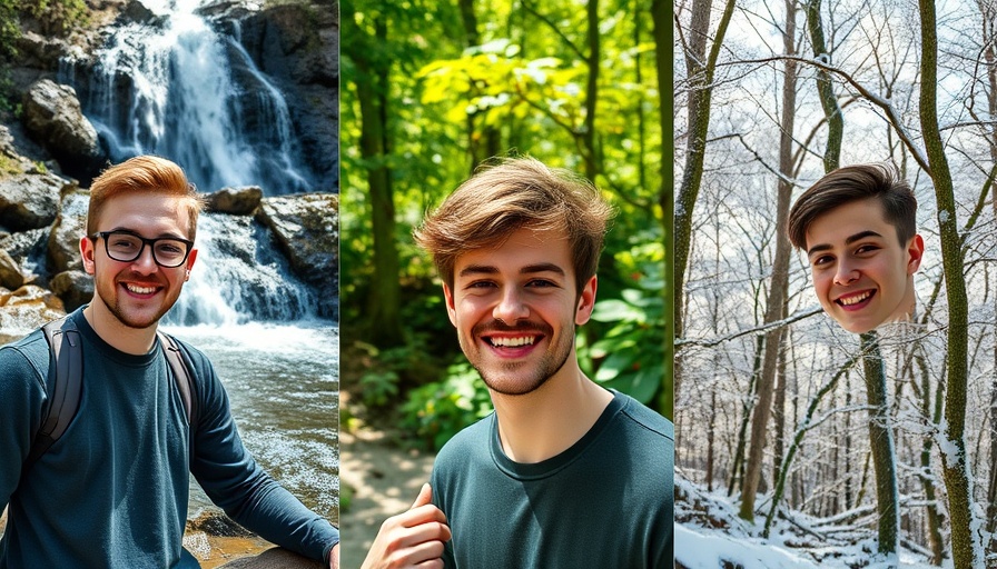 Three men outdoors in nature: by a waterfall, forest, and snowy trees.