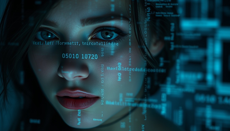 Futuristic woman's face with cascading digital text.