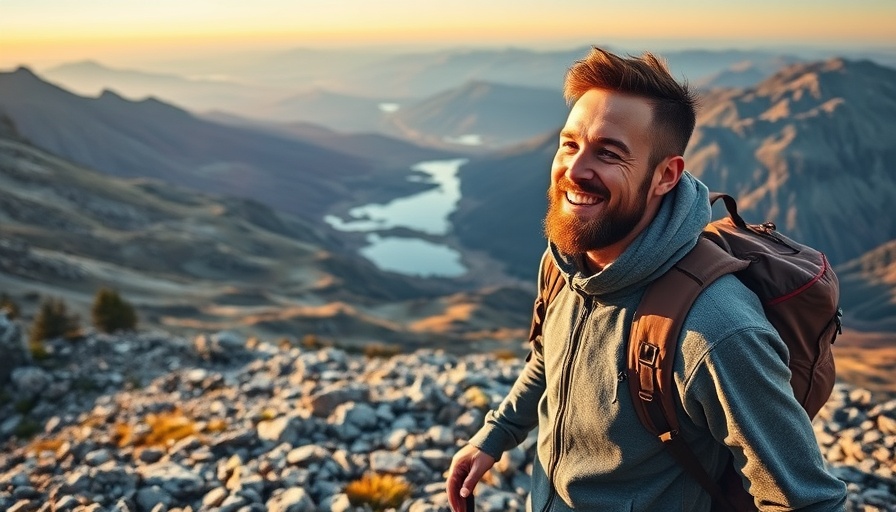 Man hiking in mountains at sunrise, smiling and holding pole.