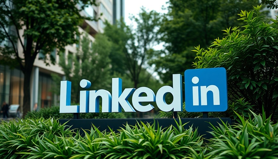 LinkedIn logo sign amidst greenery, professional look.