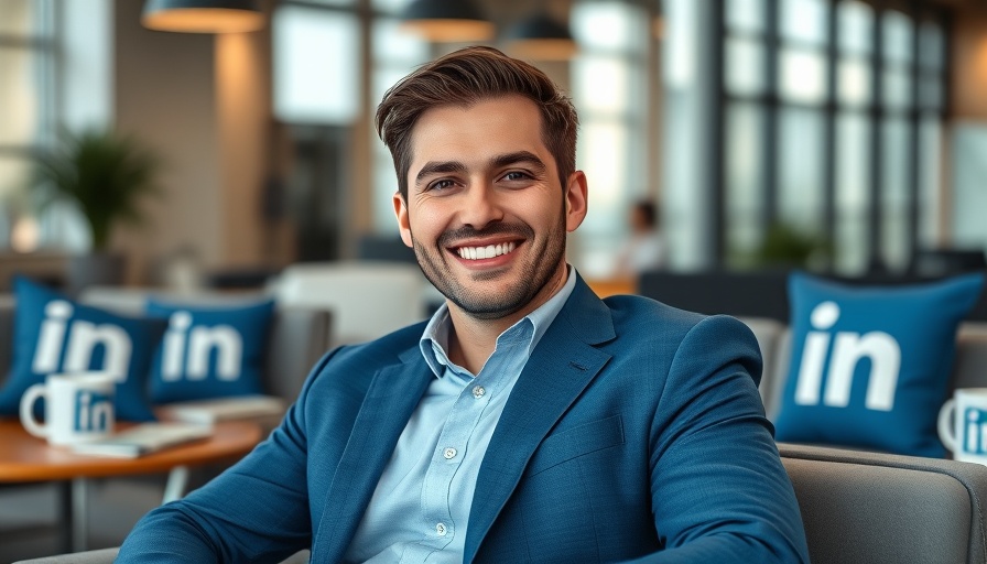 Professional in blue suit with LinkedIn decor, LinkedIn AI Writing Tool atmosphere.
