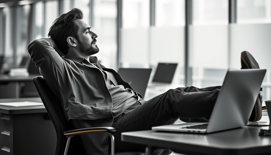 Gen Z man relaxed using laptop at work with feet up.