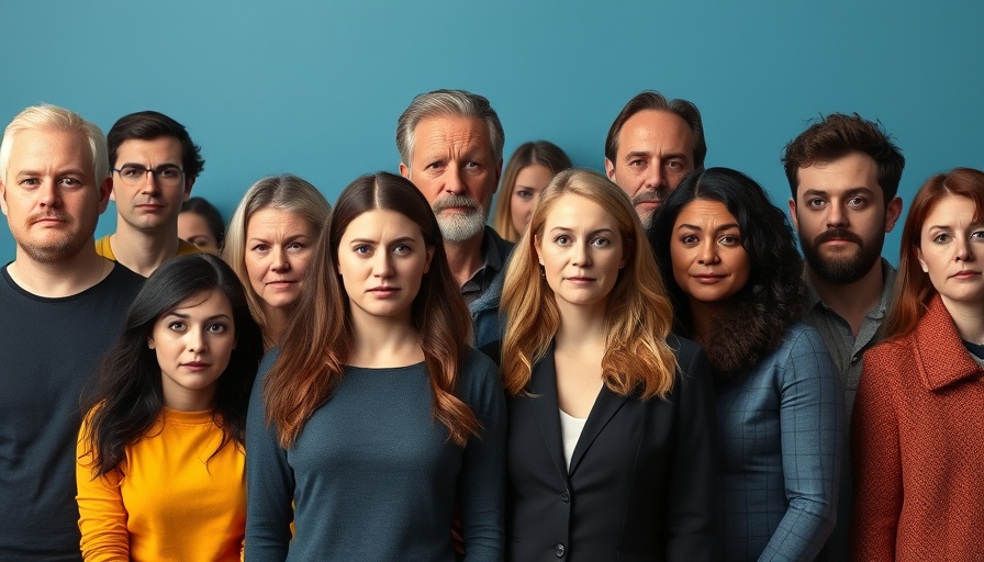 Diverse group of people looking serious against blue wall