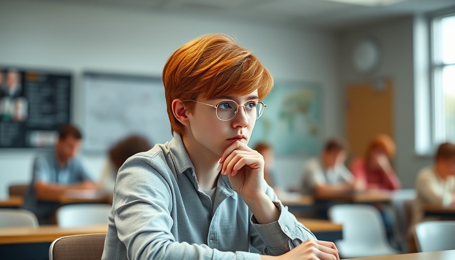 Pensive student and AI technology in education setting.