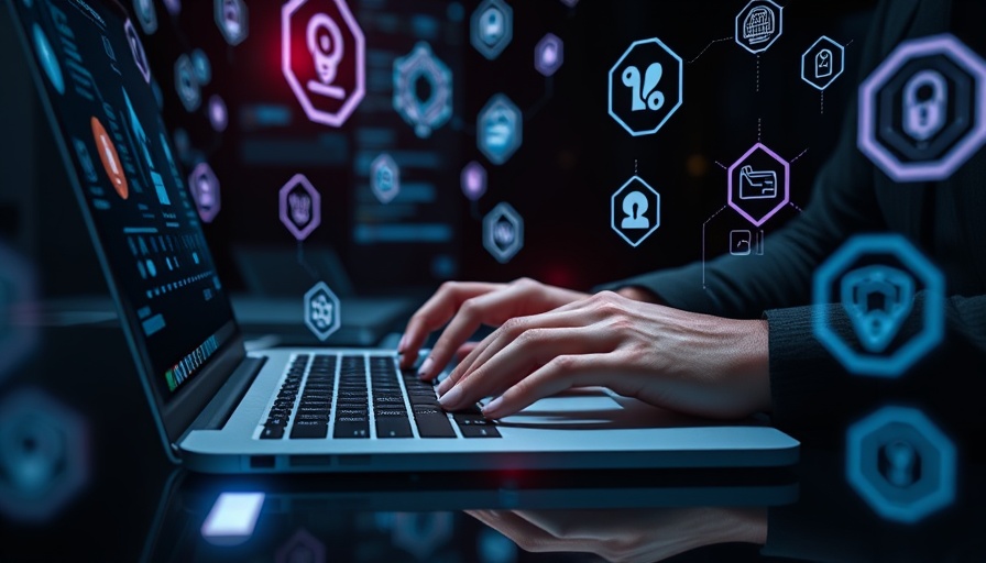 Hands typing on laptop with AI icons, dark office, futuristic digital concept.
