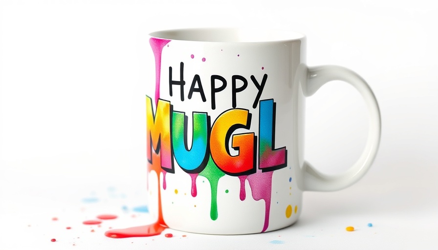 Vibrant watercolor mug with playful text, AI-generated product descriptions.