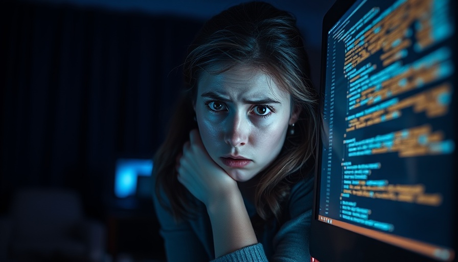 Worried young woman facing digital screen, Turnitin fear in education.
