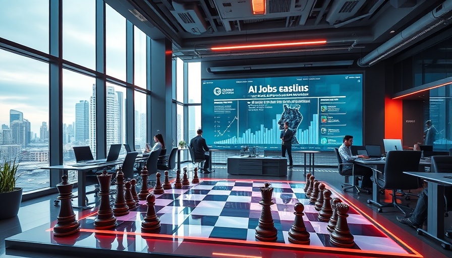 AI job loss predictions in futuristic office with chessboard.