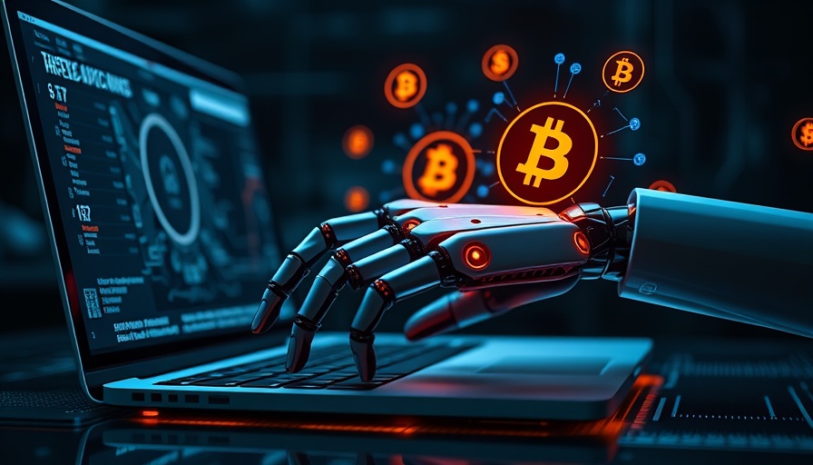Futuristic robot hand using AI to generate digital currency symbols.