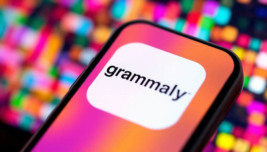 Smartphone screen showing Grammarly logo, vibrant background.