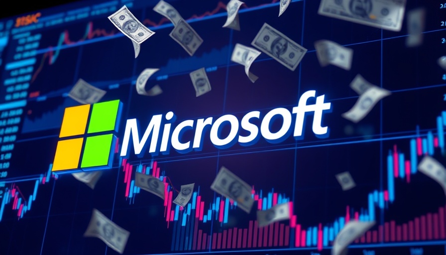 Microsoft logo with stock charts and money, symbolizing AI investments.