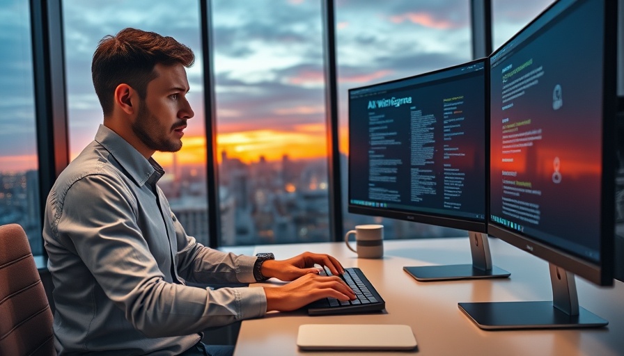 Professional using AI writing tools on monitors at sunset, ways to earn by AI writing.