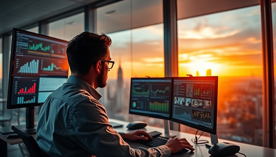 Man exploring AI writing tools in modern office at sunset.