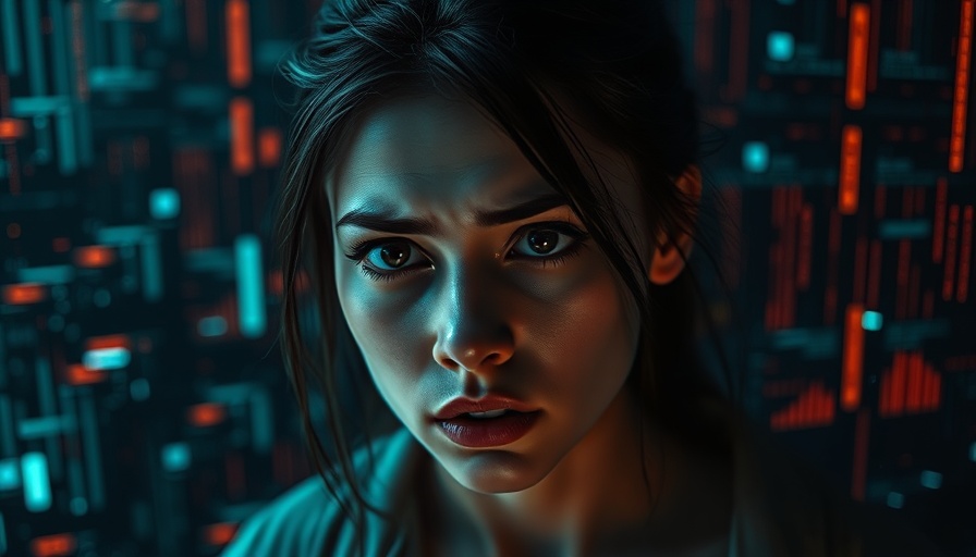 Worried student surrounded by digital glitch effects, AI Detector Fear context.