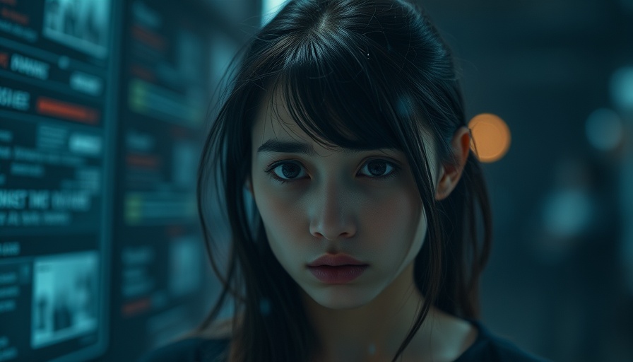Young woman worried about AI detector impacts, digital fear in eyes.