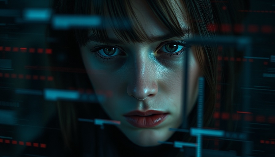 Anxious young woman with digital glitch effects, representing AI detector fear in education.